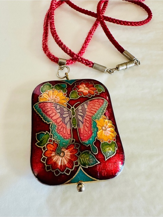 Vintage Jewelry - Vintage Cloisonné Pendant Necklace, Butterfly Floral, Red Puffy 2 Sided